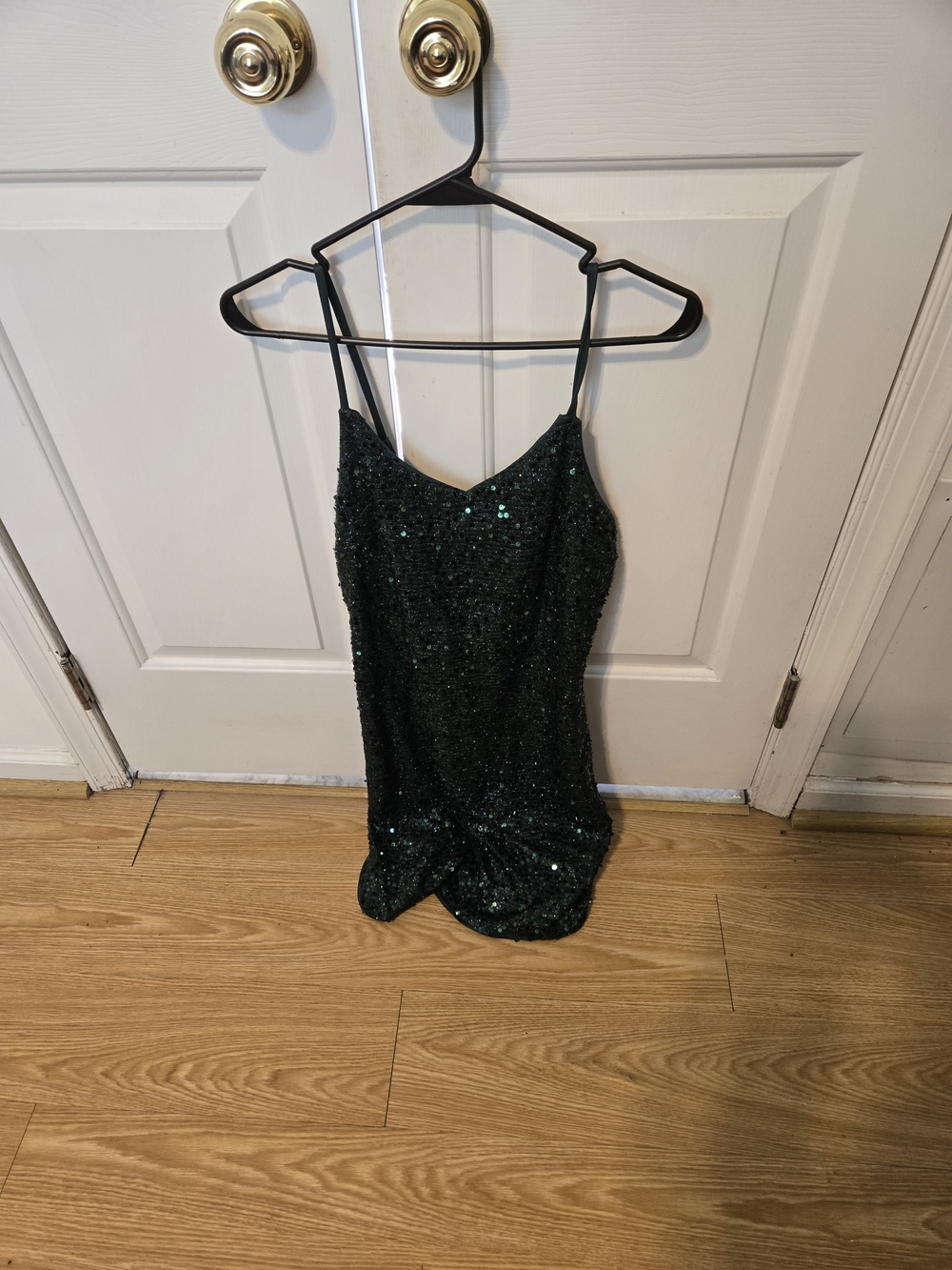 Sequined Spaghetti-Strap Mini Dress in Dark Green